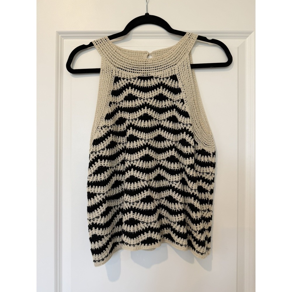 LOFT Black Cream Crochet Chevron Halter Tank Top 100% Cotton Medium